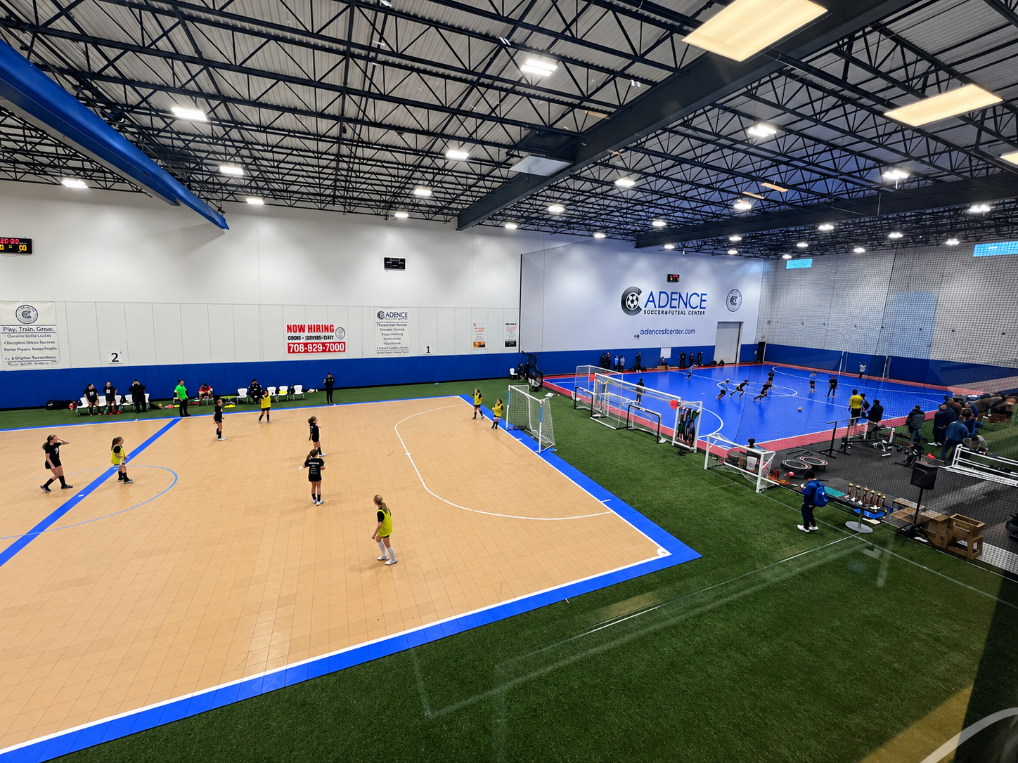 Futsal court and indoor turf field side by side at Cadence